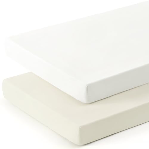 GRSSDER Mini Crib Sheets Fitted, Pack and Play Sheets 2 Pack, Ultra Soft Stretchy Pack N Play Sheets, Universal Fit for Playard Mattress, Jersey Crib Sheets Neutral for Boys and Girls, Cream/White