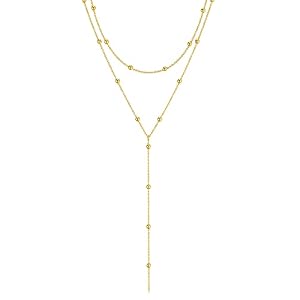 Foxgirl Lariat Gold Necklace for Women, Dainty Long Necklace 14k Gold Plated/Silver Y-Shaped Pendant Necklace Trendy Layered Cz Beaded Chain Drop Necklaces Simple Gold Jewelry For Women Gift