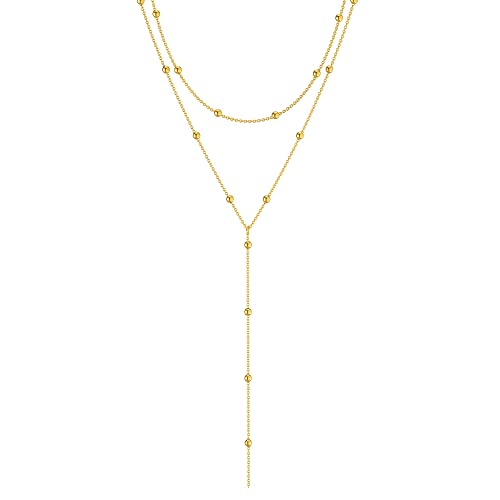 Foxgirl Dainty Long Gold Necklaces for Women, Trendy Lariat Y Necklace 14k Gold Plated Layered Beaded Drop Necklaces Simple Handmade Bar CZ Pendant Y-Shaped Chain Jewelry Gift Wedding