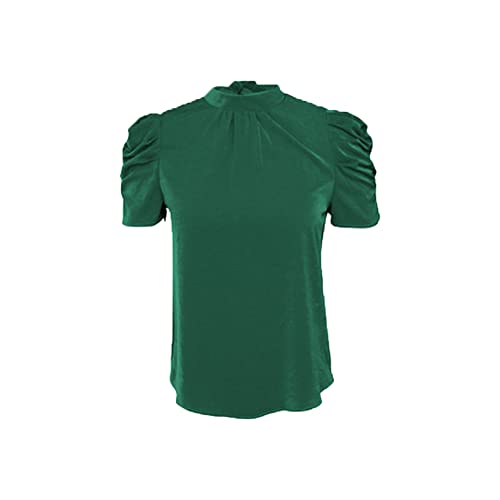 Women's Casual Puff Short Sleeve Frill Mock Neck Short Puff Sleeve Back Work Office Blouse Summer Tops (X-Large,Green)