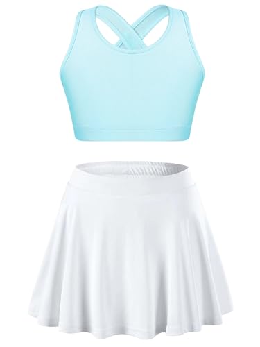 Kids Girls Plain Crop Top & Skater Skirt Set Tennis Golf Outfit 2 Piece Sport Training Tacksuit Set Activewear Light Blue&White 8 Years