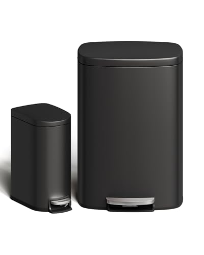 Image of Garvee 13 gal (50 L) and 2.6 gal (10 L) Metal Trash Can Combo Set, Rustproof Garbage Can with Lid, Step-on Trash Bin with Inner Bucket, Rear Handle, Black
