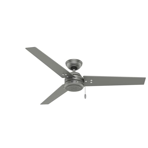 Hunter 52 inch Outdoor or Indoor Ceiling Fan No Light - Silver Ceiling Fan without Light, For Patio, Porch, Garage, or Living Room, Standard Mount, 3 Blades, Pull Chain - Cassius 59262, Matte Silver