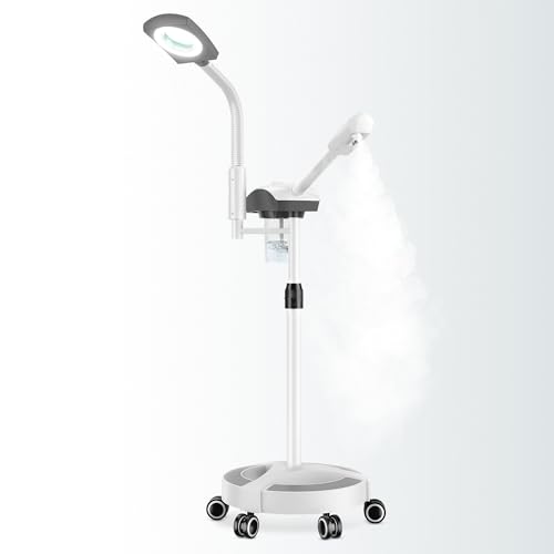 SalonDepot Facial Steamer Professional 2 in 1 Ozone with 5X Magnifying Lamp on Wheels for Spa, Beauty Salon and Home Use White Color
