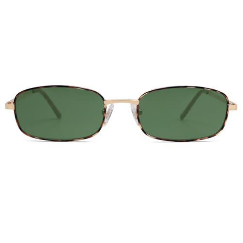 SOJOS Small Y2k Narrow Rectangle Sunglasses Womens Mens Retro 80s 90s Skinny Sunnies SJ1187, Tortoise/Green