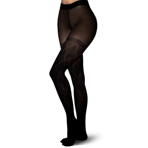 Fiohiros Patterned Tights for Women, 60 Denier Diamond Patterned Tights, Control Top Semi Opaque Black Tights