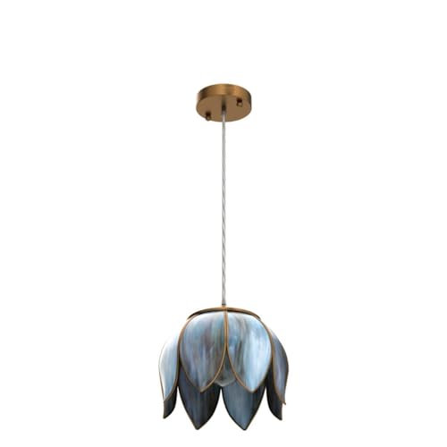 Image of Brass Glass Ceiling Tiffany Pendant Light, Hanging Chain lamp, with Vintage Lotus Flower Glass Shade for Kitchen Island Dining Room Bedroom Living Room-9.25 inch Stained Glass Shade