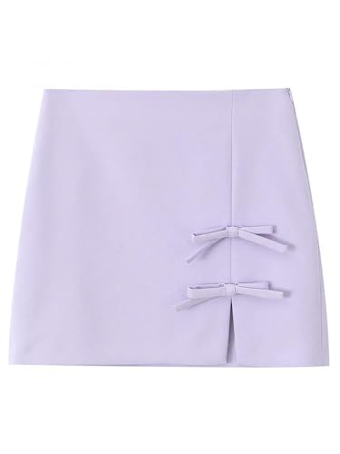 Solid Color Bow Front Slit Side Zipper Mini Skirt Vintage High Waist Women's Short Skirt2