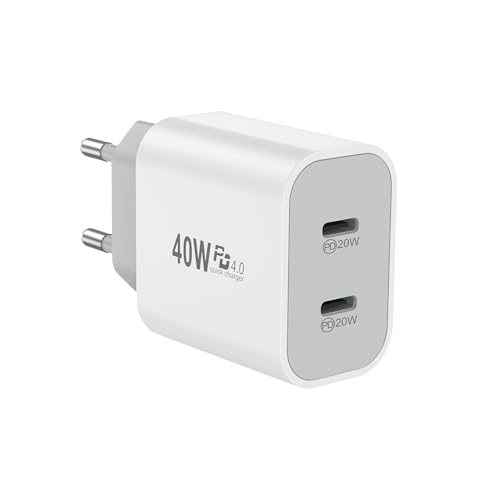 Cargador USB C, Alimentación USB-C de 20 W y 2 Puertos, Adaptador de Carga Rápida Enchufe para iPhone 17, 16, 15, 14 Pro MAX, 13, 12, 11, SE, 8, 7, Samsung Galaxy, Teléfonos Móviles, iPad, Blanco