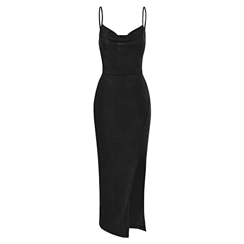 Zaful Women's Sleeveless Solid High Split Draped Midi Slip Slinky Bodycon Dress (C-Black, Small) #TOP30