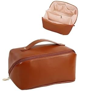 BLUE CRANE Women’s Large Capacity Cosmetic Travel Bag - Waterproof Leather Makeup Organizer with Wide Opening, Dividers with Handle (Cross Open, Brown)
