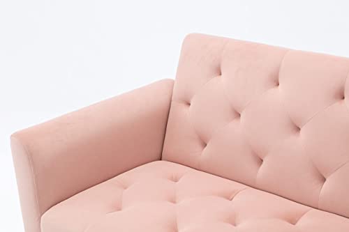 Morden Fort Velvet Futon Sofa Bed For Living Room, 68" Convertible 3 Adjustable Couch Loveseat With Metal Leg Pink #TOP4