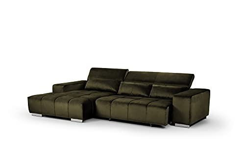 Mivano Eckcouch Orion / Großes Ecksofa mit XL-Recamiere inkl. Relaxfunktion, Kopfteilfunktion und Kissen / 307 x 73 x 186 / Velours, Grün – Bild 5