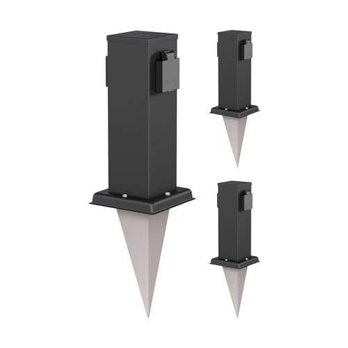ledscom.de 3 Tomas de jardín Columna Polly con piqueta de Tierra para Exteriores, IP44, 2 Conectores, Acero Inoxidable, Cuadrada, Negra, 27cm