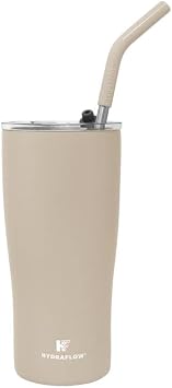 HYDRAFLOW Capri - 20oz Tumbler with Straw - Triple Wall Vacuum Insulated Tumbler - Insulated Smoothie Cup - Stainless Steel Tumbler - Reusable Tumbler with Lid - Sand