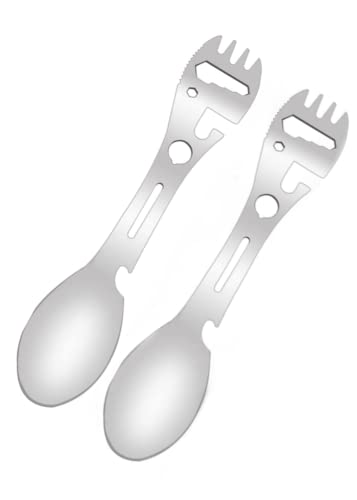 AIlysa 2 Stück Campingbesteck, Outdoor Besteck, Camping Edelstahl Besteck, Camping Besteckset Spork Outdoor Löffel Gabel Messer Flasche Dosenöffner, Outdoor Löffel Gabel, 8 In 1 Multifunktions Löffel Cover