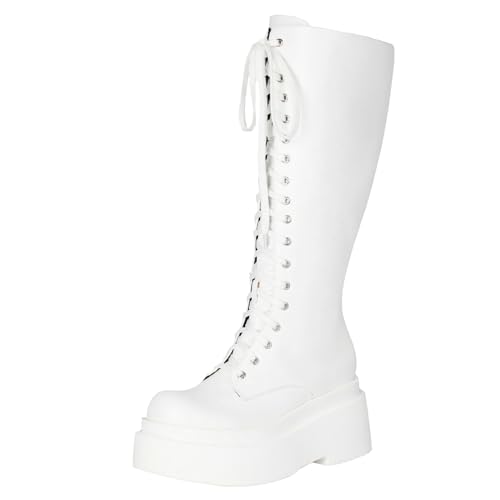 Image of Parisuit Women's Knee High Goth Platform Boots Lace Up Combat Boots | Chunky High Heel, Buckle Boots, Punk Chain Boots