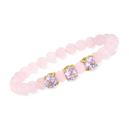 Ross-Simons 50.00 ct. t.w. Rose Quartz Bead Stretch Bracelet With 3.50 ct. t.w. Amethysts in 18kt Gold Over Sterling. 8 inches