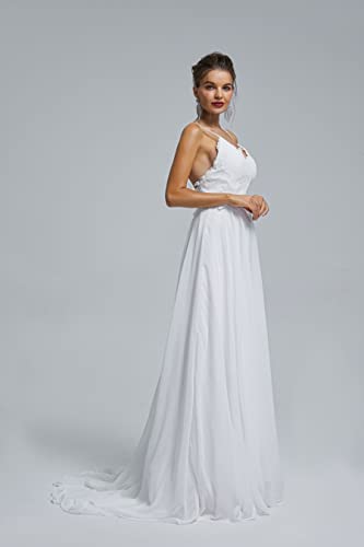 Image of Spaghetti Chiffon Beach Wedding Dress V Neck A line Bridal Gowns Lace Plus Size Wedding Dress