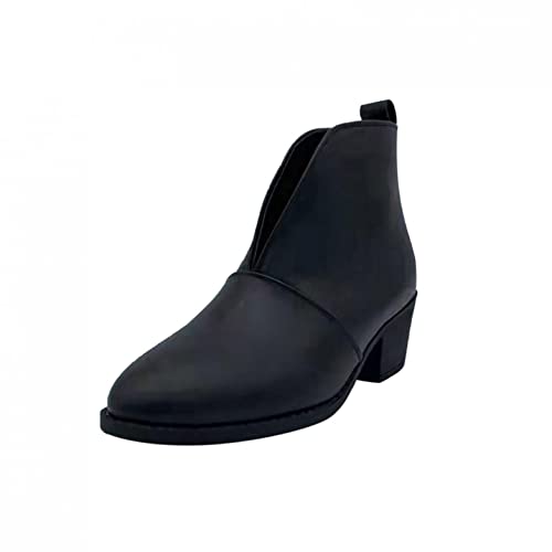 Hbeylia Dress Boots For Women Ladies Fashion Slouchy Leopard Design Solid Color Leather Deep V Cut Round Toe Chunky Block High Heels Slip On Ankle Booties Winter Fall Short Boots For Wedding Christmas