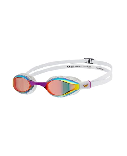 ARENA Air Sonic - Gafas de natación unisex para adultos, cómodas, para hombres y mujeres, nadadores competitivos, ajuste pequeño, lente de espejo ancho, dorado/blanco