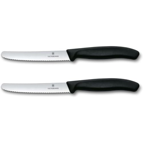 Victorinox Swiss Classic, Frühstücksmesser, Brötchenmesser, 2er Set, Scharfe Klinge, Wellenschliff, 11 cm, Kunststoffgriff, Rostfreier Stahl, Schwarz