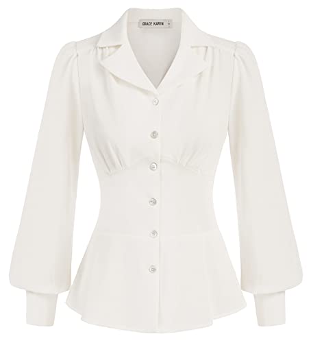 GRACE KARIN Button Down Shirts for Women Summer Peplum Tops Long Sleeve Work Blouse Collared Shirt Dressy Top
