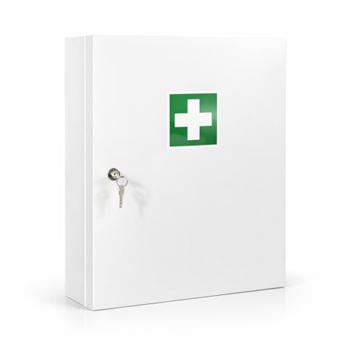 First Aid Products Verbandschrank D – inkl. DIN 13169 :2021 Füllung – Metall mit Gummidichtung, 3 Ablagefächer + 3 Türfächer - Sicherheitsschloss - robust & staubgeschützt - 48,5 x 40 x 20 cm