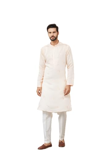 Image of See Designs Men's Long Sleeve Mandarin Collar Side Slit Off-White Embroidered Chanderi Silk Straight Kurta