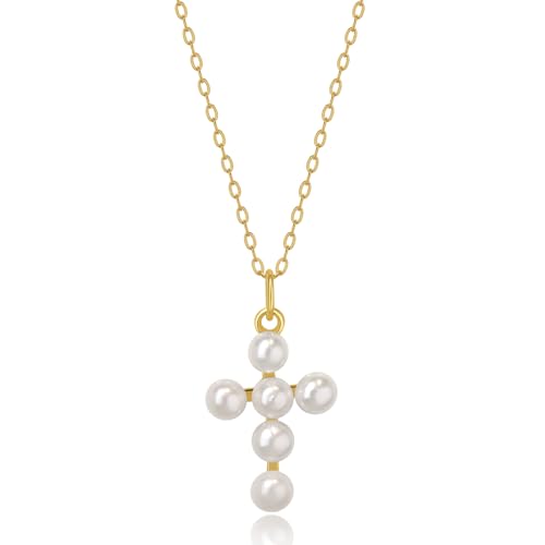 Wicary Pearl Cross Necklace for Women Sterling Silver Freshwater Pearl Pendant Necklaces Christian Jewelry for Women Meaning Gifts for Anniversary Wedding Bridesmaid