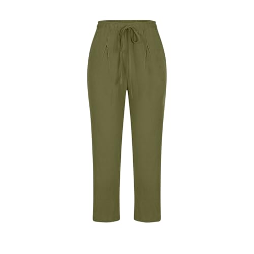 Image of ABABC Linen Capri Pants for Women Casual Straight Wide Leg Capri Pant Loose Lightweight Drawstring Beach Cropped Trousers