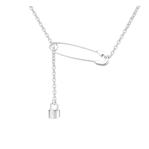 Safety Pin Necklace Silver Gold Paperclip Paper Clip Lock Lariat Necklace for Women Men Jewelry Gift (01 Silver)