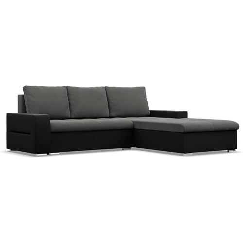 Mebligo - Ecksofa mit Schlaffunktion und Bettkasten Aurora, Eckcouch mit Ottomane Rechts, Sofa L Form (BxTxH) 243 x 200 x 92 cm, Couch Wohnzimmer, Ecke Sofa, Dunkelgrau + Schwarz (Samt und Kunstleder)