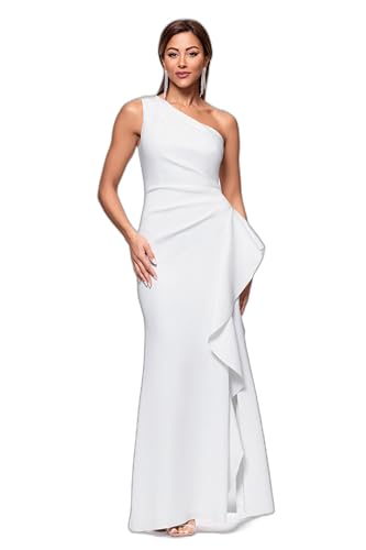 Image of Xscape Women's Floor Length One Shoulder Ruched Waist with Ruffle Bodice Evening Dress with Side Slit