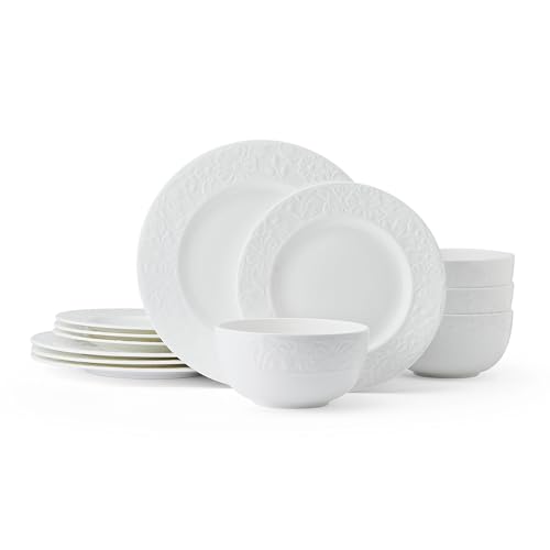 Mikasa Claire Floral Bone China 12 Piece Dinnerware Set, White