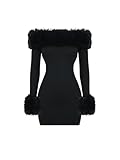 SOLY HUX Women's Bodycon Mini Dress Off The Shoulder Contrast Faux Fur Long Sleeve Dresses Pure Black Medium