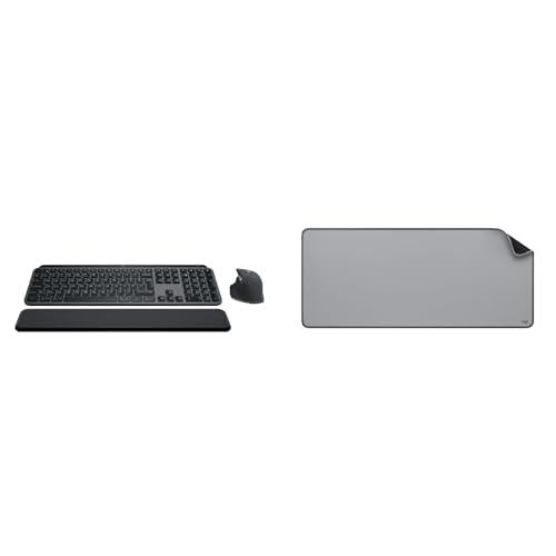 Logitech MX Keys S Combo: Bezprzewodowa Klawiatura i Myszka z Podpórką pod Nadgarstki, Logitech Desk Mat - Studio Series, Wielofunkcyjna duża mata na biurko, szeroka podkładka, QWERTY US Intl