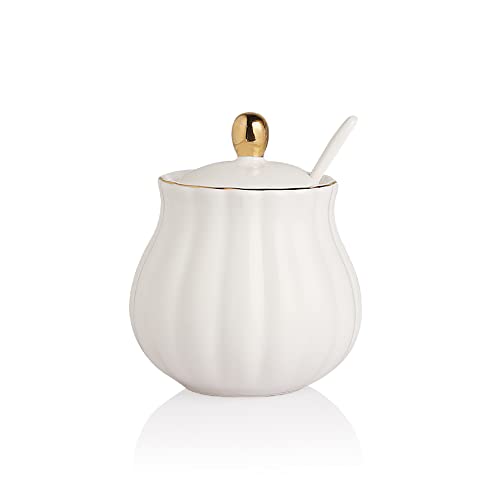 Sweejar Royal Ceramic Sugar Bowl, 12 Ounce Sugar Container with Spoon and Lid, Porcelain Salt Bowl Salt Container, Sugar Holder for Coffee Bar, Home and Kitchen(White)