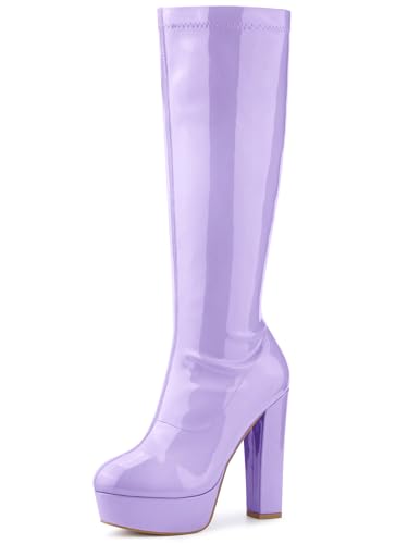 Allegra K Allegra K Women's Patent Leather Platform Boot Purple Gogo Boots Block Heel Purple Knee High Boots 8 M US