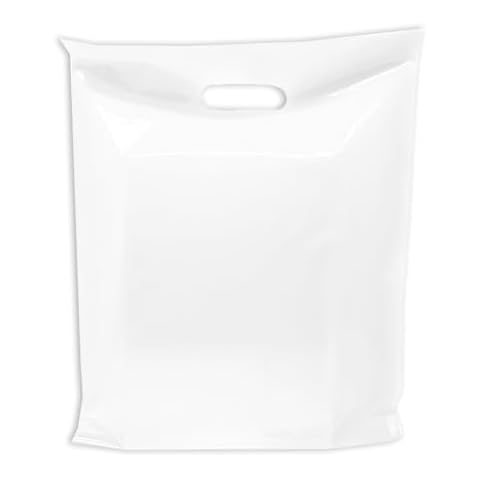 100 BIG PLASTIC MERCHANDISE STORE BAGS (Black &White) I Different Sizes Retail Product Bags (White, 18"x18") Cover