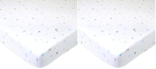 Image of TL Care 100% Natural Cotton Fitted Mini Crib Sheet 38 inch x 24 inch - Soft & Breathable Small Nesting Portable Crib Sheet, Fits Pack N Play Mattresses, Blue Stars and Moons, for Boys & Girls (Pack of 2)