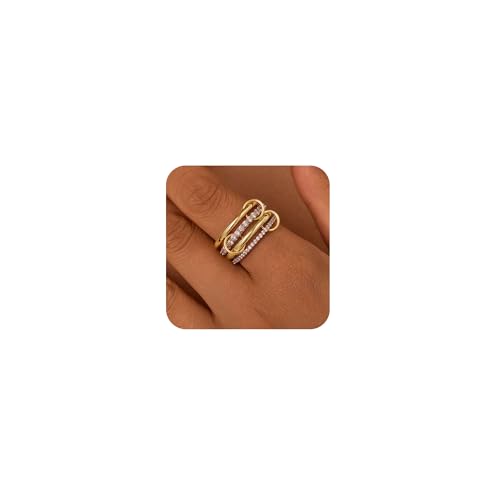 14K Gold Interlocking Stackable Rings for Women – Silver Gold Stack Ring Set with CZ, Two Tone Interlocked Stacked Ring, Multi-layer Statement Ring Jewelry