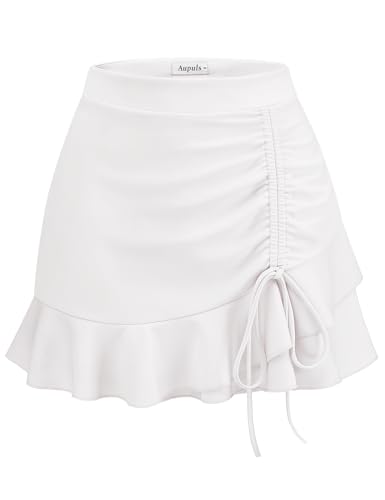 Aupuls Saia feminina minissaia com calções saias volantes saia de ténis rockabilly para Kernaval, Branco, S