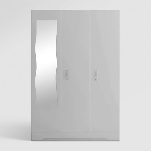 Image of Interio by Godrej Almirah Slimline 3-Door Steel Almirah, Cupboard for Clothes (Royal Ivory), 1-Year Warranty, 7 Shelves, 1 Locker, Curvilinear Mirror