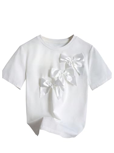 Girl's Cute 3D Bowknot T Shirt Crew Neck Short Sleeve Summer Tee Tops