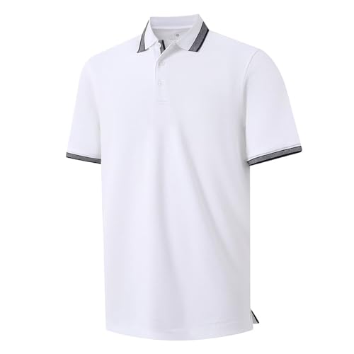 VEBOON Mens Polo Shirts Short Sleeve Casual Cool Breathable Moisture Wicking Summer Pique Polo Shirt with Collar White