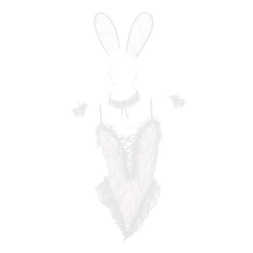 Costume de lapin pour femme 6 pièces – Body en dentelle avec oreilles et queue en peluche | Ensemble de lingerie séduisant pour les jeux de rôle et les occasions spéciales