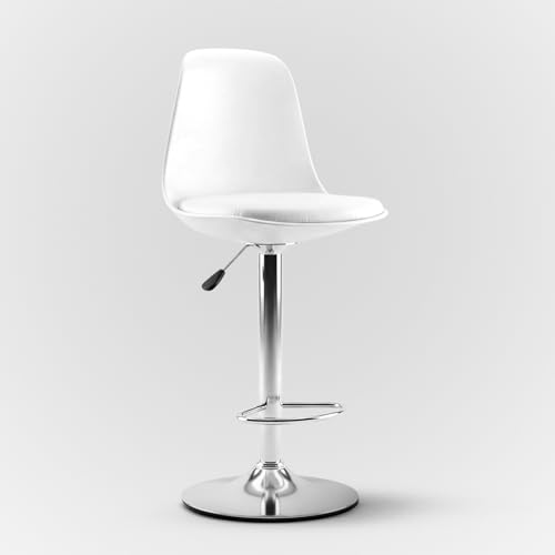 Image of DIYA Seating Solutions 360 Revolving Adjustable Height Bar Stool Chair with Chrome Metal Base | 1 Year Warranty | Leatherette Upholstery | Comfortable for Long Sitting with Footrest (White)