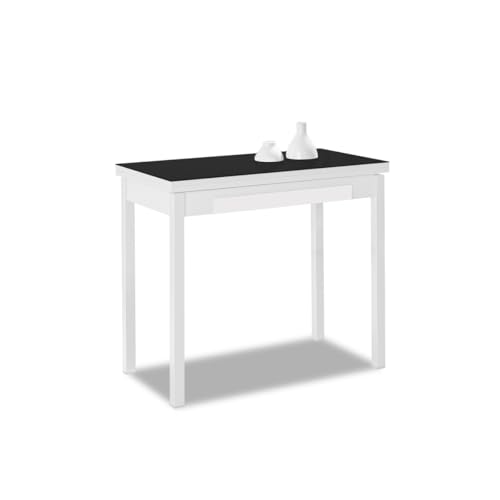 Astimesa - Mesa de Cocina Tipo Libro - Mesa con Tapa de Cristal en Color Negro - Estructura Blanca- Ideal para Espacios Pequeños - Medida Cerrada: 90 cm x 50 cm. Medida Abierta: 90 cm x 100 cm.
