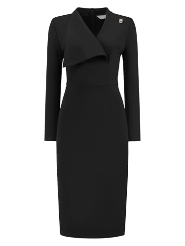 Hobemty Women's Lapel V Neck Long Sleeve Work Knee Length Pencil Dress